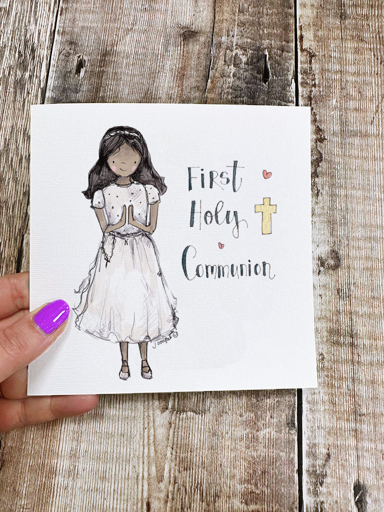 First Holy Communion Dark Hair Little Girl Card - Personalised