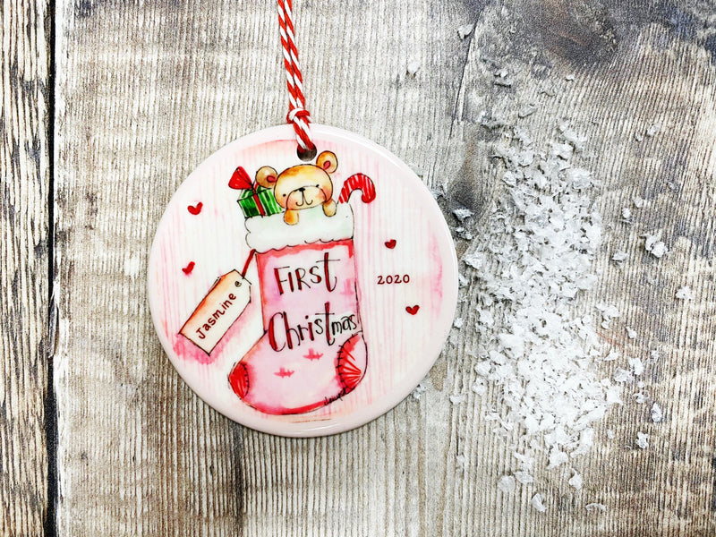 Pink Stocking First Christmas Ceramic Bauble