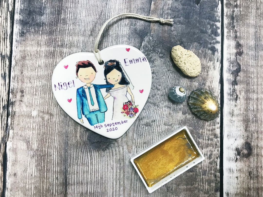 Wedding Couple Dark Hair Bride Ceramic Heart