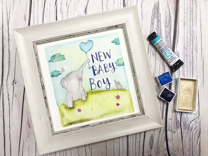 Little Framed Print "Baby Boy Elephant Balloon" can be personalised