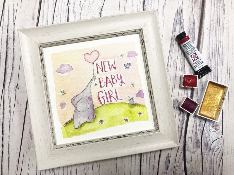 Little Framed Print "Baby Girl Elephant Balloon" can be personalised (Maximum 1 name)