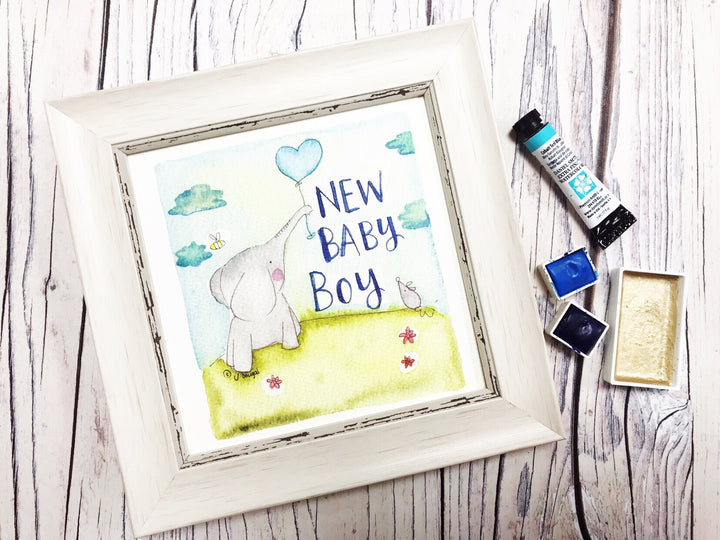 Little Framed Print "Baby Boy Elephant Balloon" can be personalised