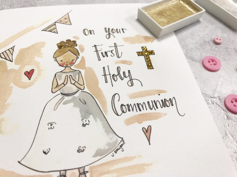 Gold Cross, First Holy Communion, Girl Card - Personalised
