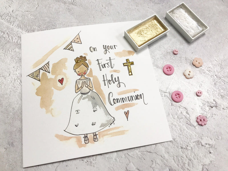Gold Cross, First Holy Communion, Girl Card - Personalised