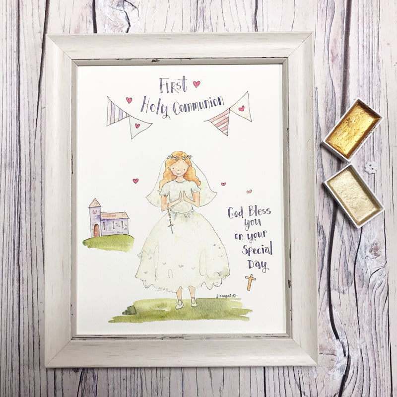 Medium Framed Picture "First Holy Communion" Girl with Church and verse