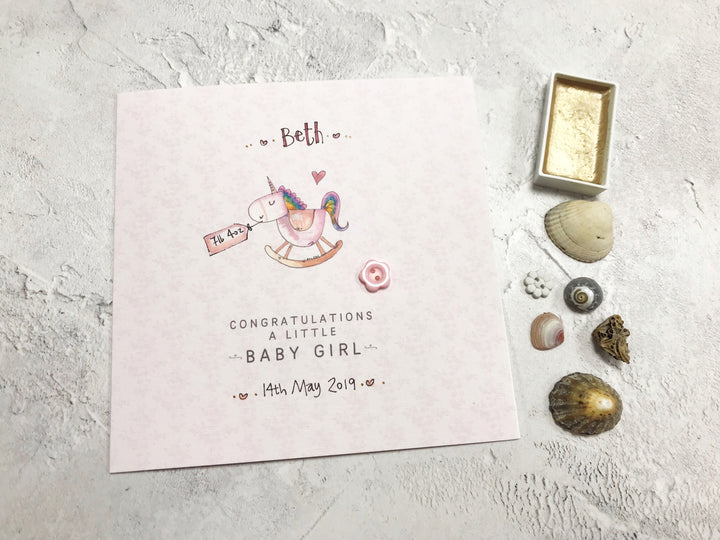 Baby Girl Card - Rocking Unicorn - Personalised
