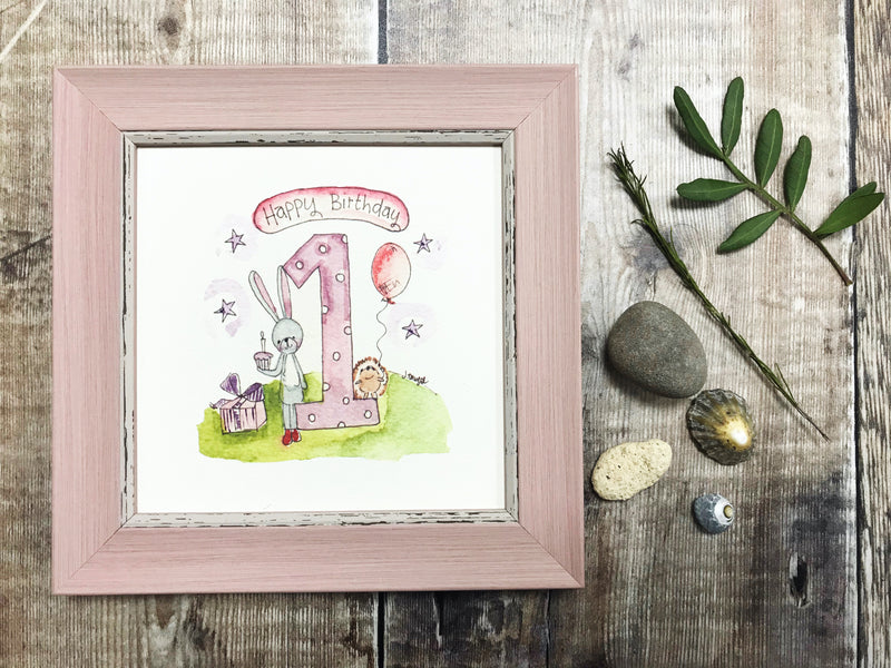 Little Framed Print "Pink first birthday" can be personalised