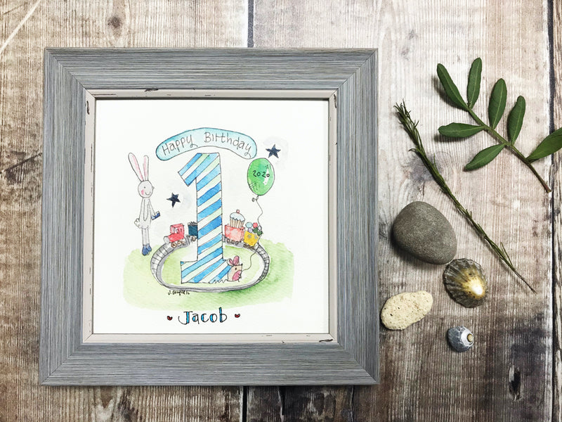 Little Framed Print "Blue first birthday" can be personalised