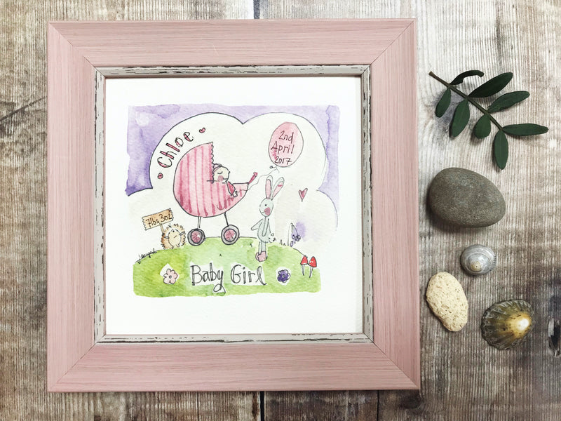 Little Framed Print "Baby Girl Pram" can be personalised