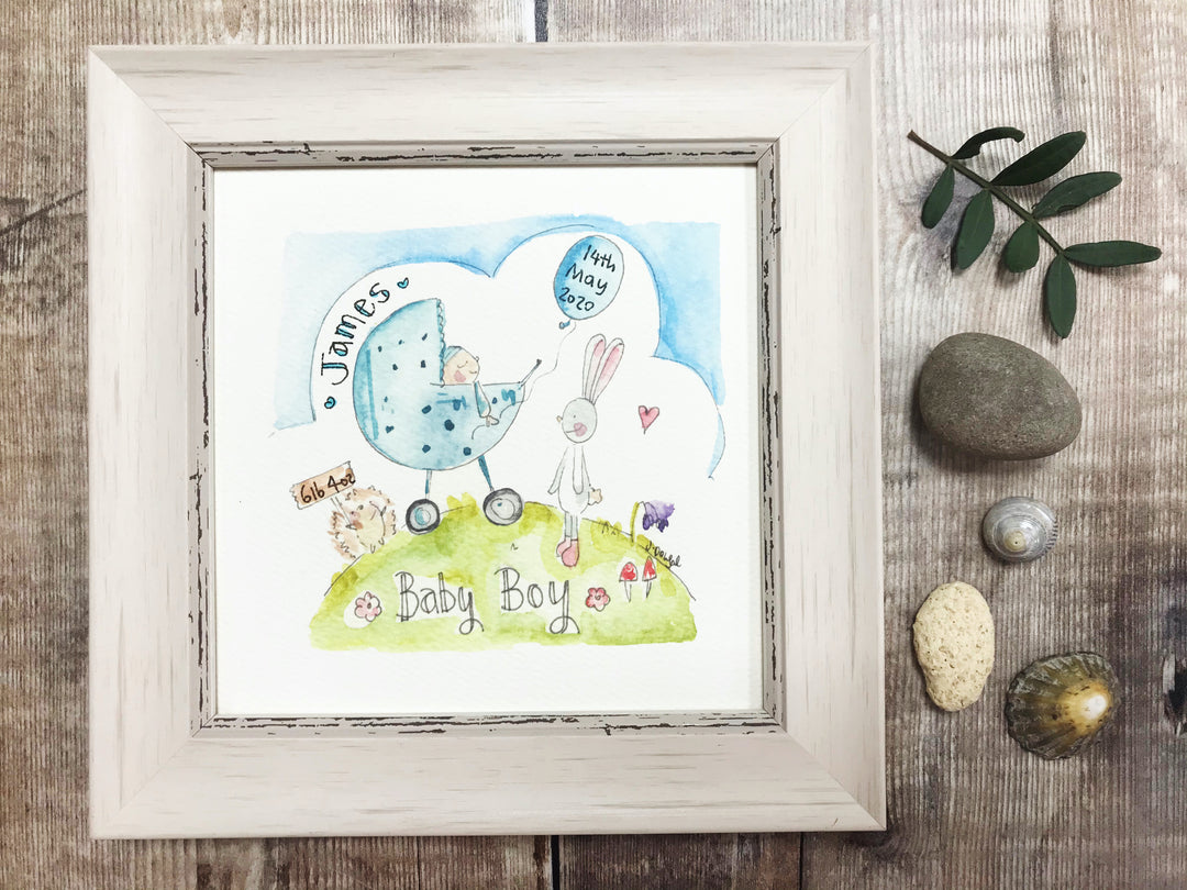Little Framed Print "Baby Boy Pram" can be personalised
