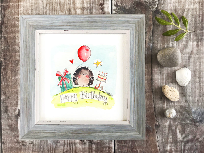 Framed Print "Happy Birthday Hedgehog" can be personalised