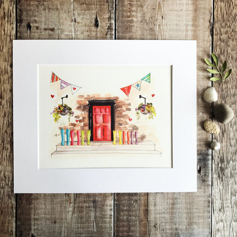 Red Front Door with Wellies Personalised Print