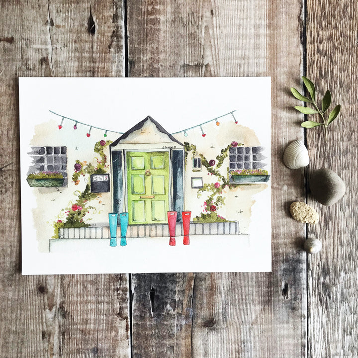 Green Front Door with Wellies Personalised Print