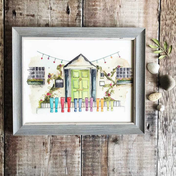 Green Front Door with Wellies Personalised Print