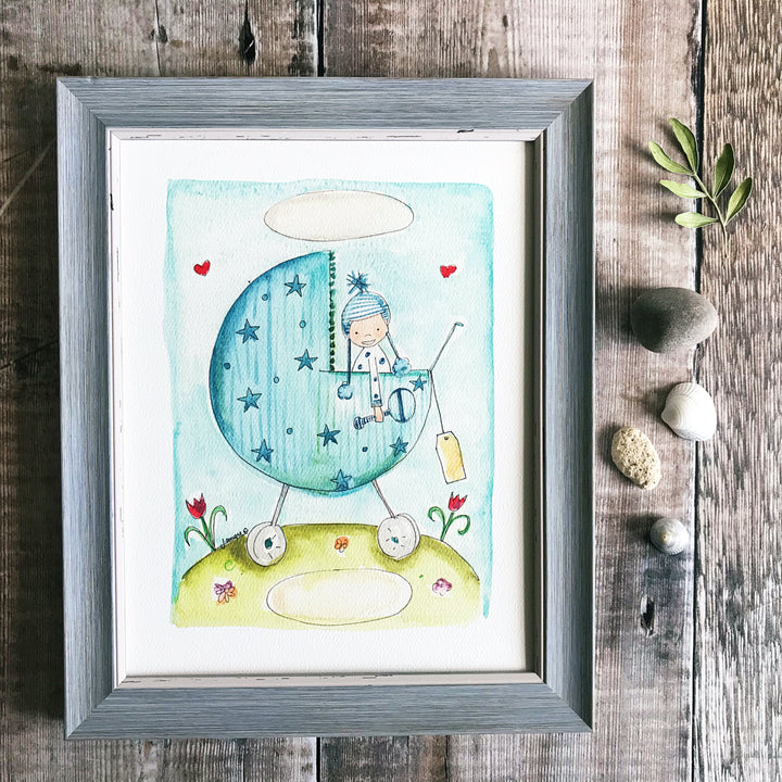 "Baby Boy Pram" Personalised Print