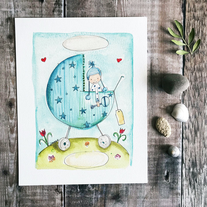 "Baby Boy Pram" Personalised Print