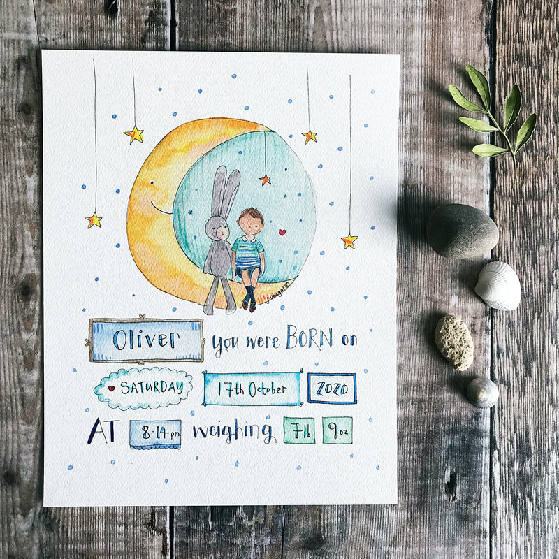 "Baby Boy Moon" Personalised Print