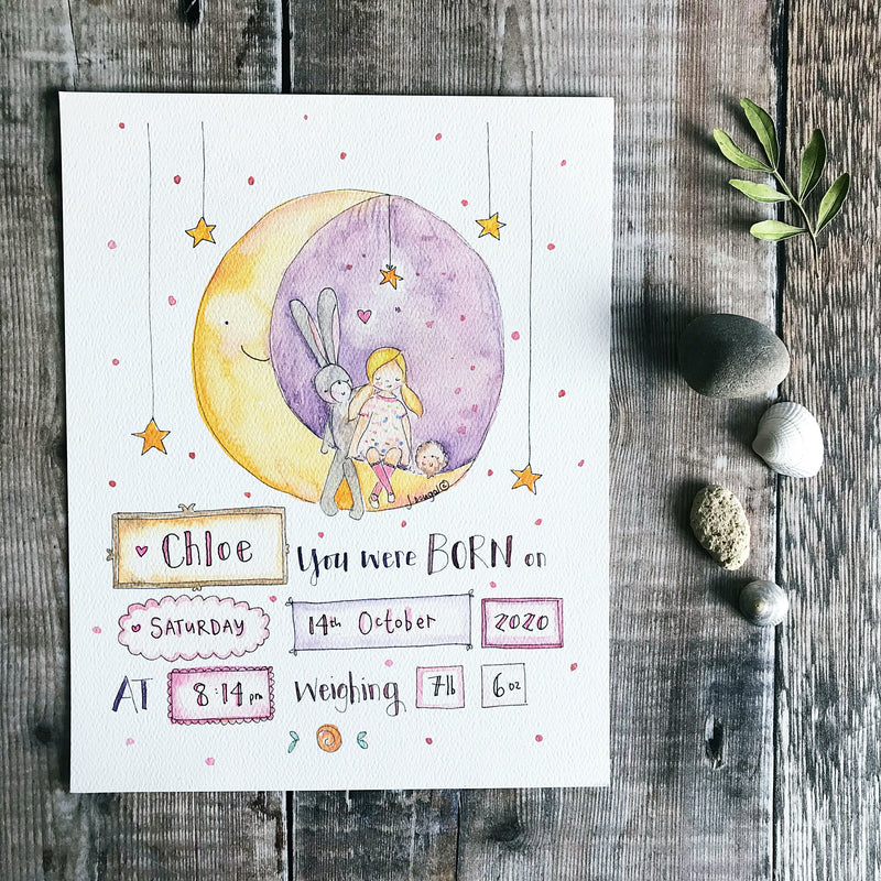 "Baby Girl Moon" Personalised Print