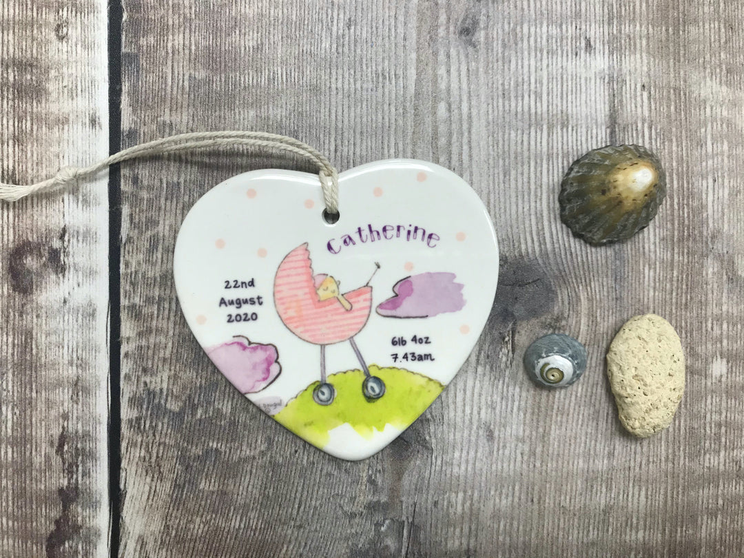 Personalised Pink Pram Ceramic Heart