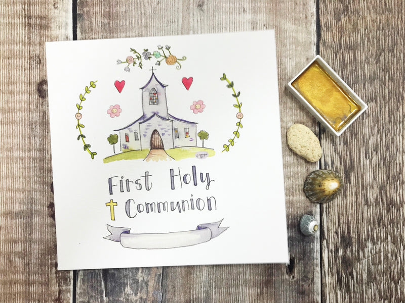 Floral First Holy Communion, Church Card - Personalised