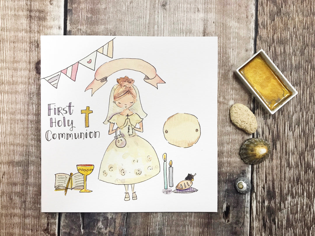 First Holy Communion New Standing Blonde Hair, Little Girl Card - Personalised