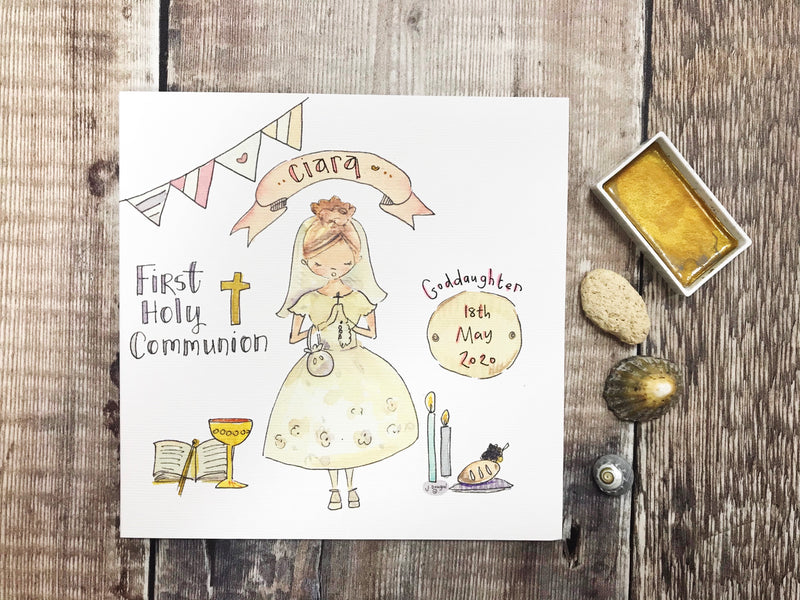 First Holy Communion New Standing Blonde Hair, Little Girl Card - Personalised
