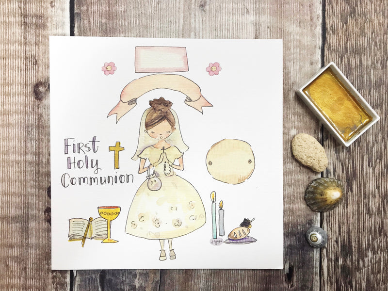 First Holy Communion New Dark Hair, Little Girl Card - Personalised