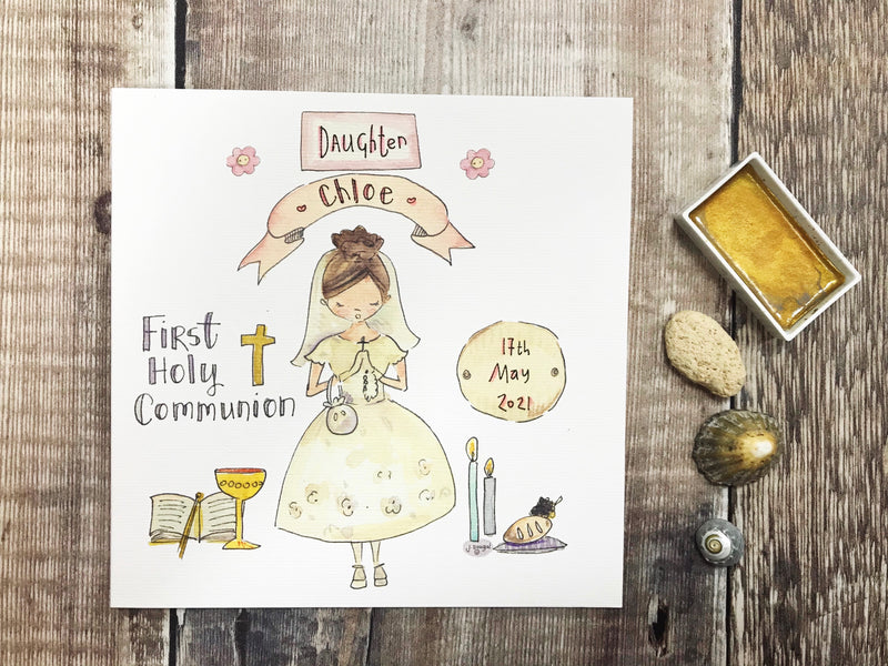 First Holy Communion New Dark Hair, Little Girl Card - Personalised