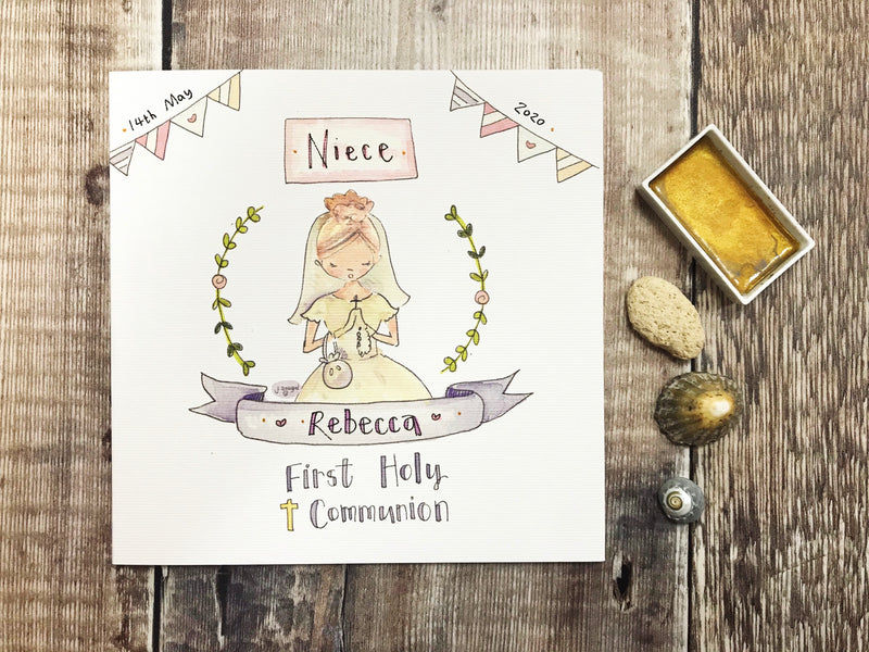 First Holy Communion New Blonde Hair, Little Girl Card - Personalised