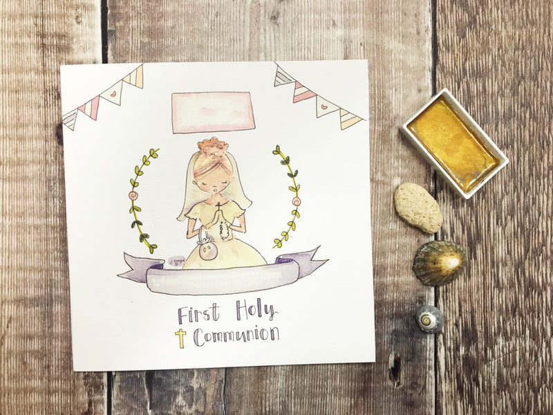 First Holy Communion New Blonde Hair, Little Girl Card - Personalised