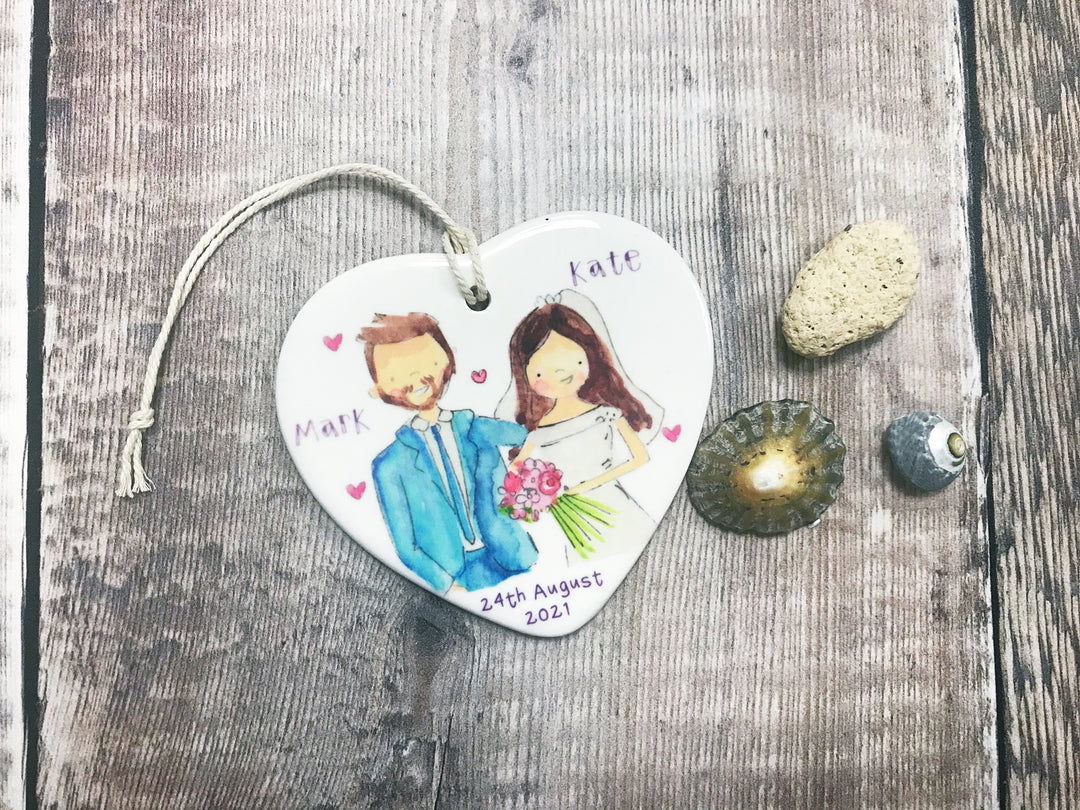 Wedding Couple Dark Hair, Man with Beard Ceramic Heart