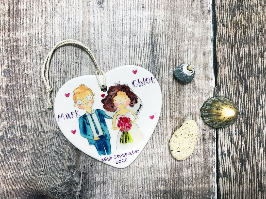 Wedding Couple Dark Curly Girl, Man Light Hair Ceramic Heart