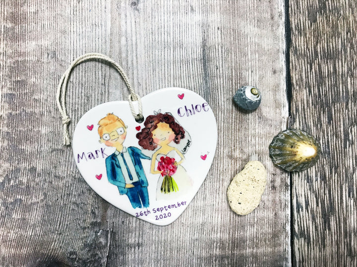 Wedding Couple Dark Curly Girl, Man Light Hair Ceramic Heart