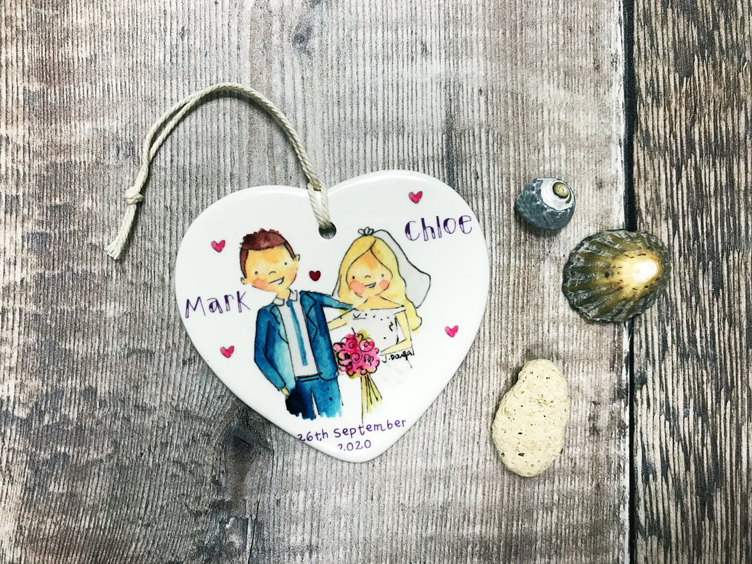 Wedding Couple Blonde Girl, Man Dark Hair Ceramic Heart