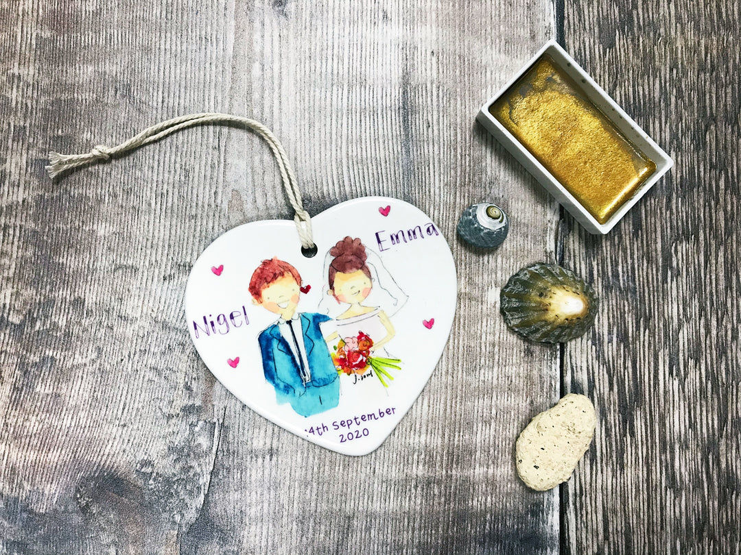 Wedding Couple Man Auburn, Girl Dark Hair  Ceramic Heart