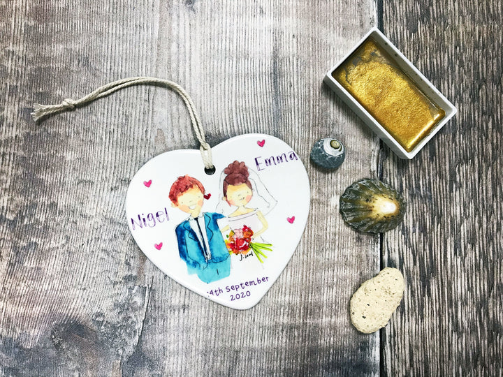 Wedding Couple Man Auburn, Girl Dark Hair  Ceramic Heart