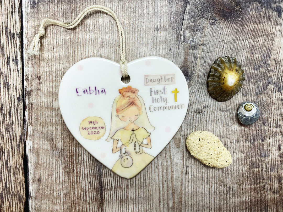First Holy Communion Girl Light Hair Ceramic Heart