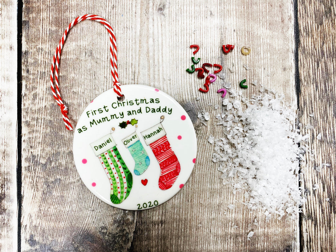 3 (Choose Middle Colour) Stocking Christmas Ceramic Bauble