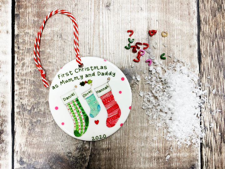 3 (Choose Middle Colour) Stocking Christmas Ceramic Bauble