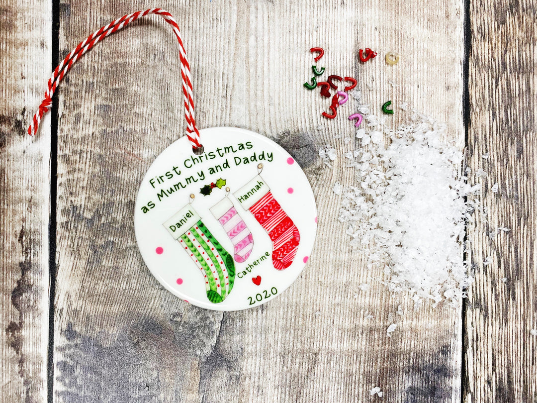 3 (Choose Middle Colour) Stocking Christmas Ceramic Bauble