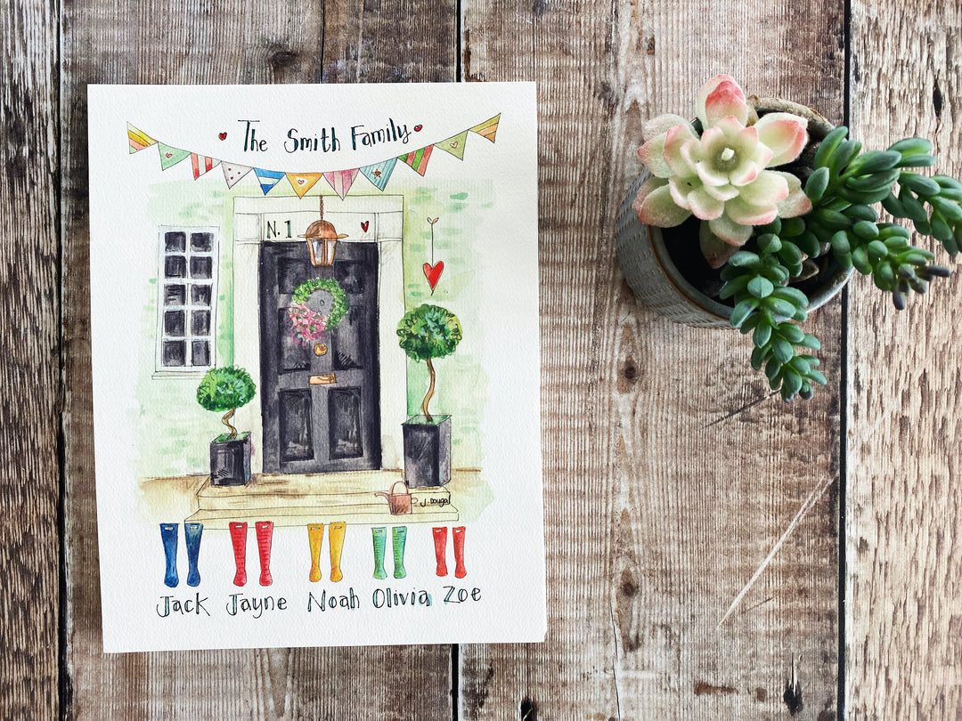 Black Front Door with Wellies Personalised Print