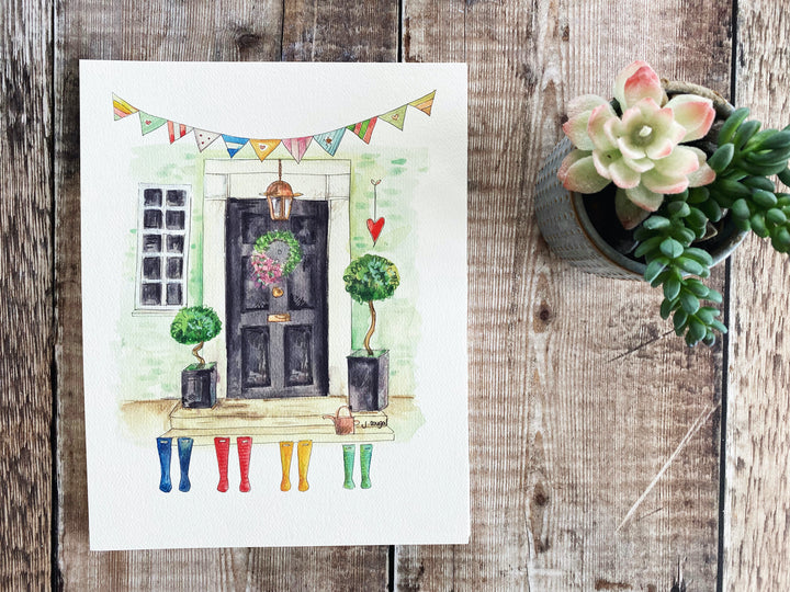 Black Front Door with Wellies Personalised Print