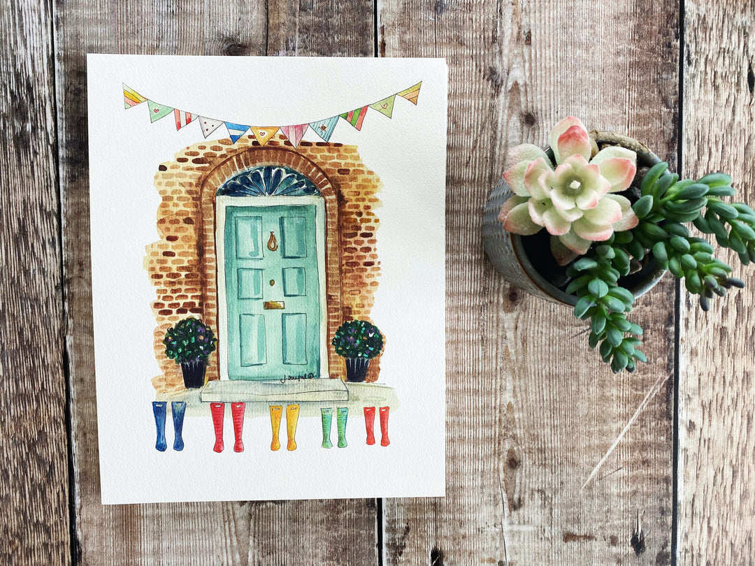 Turquoise Front Door with Wellies Personalised Print