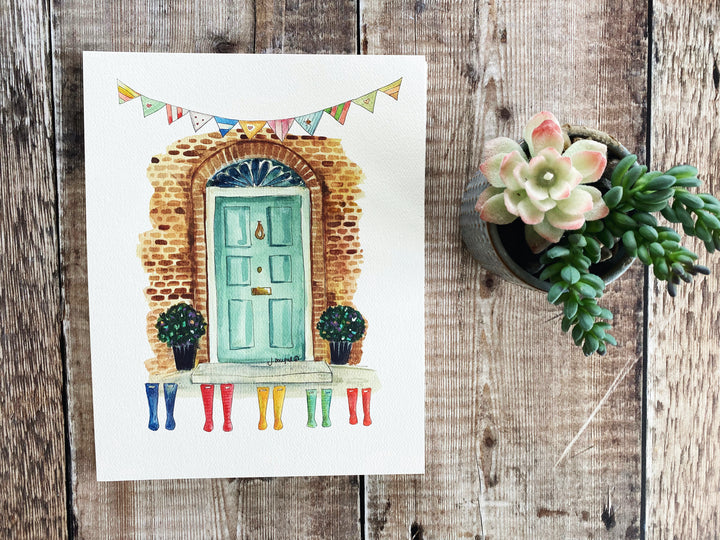 Turquoise Front Door with Wellies Personalised Print