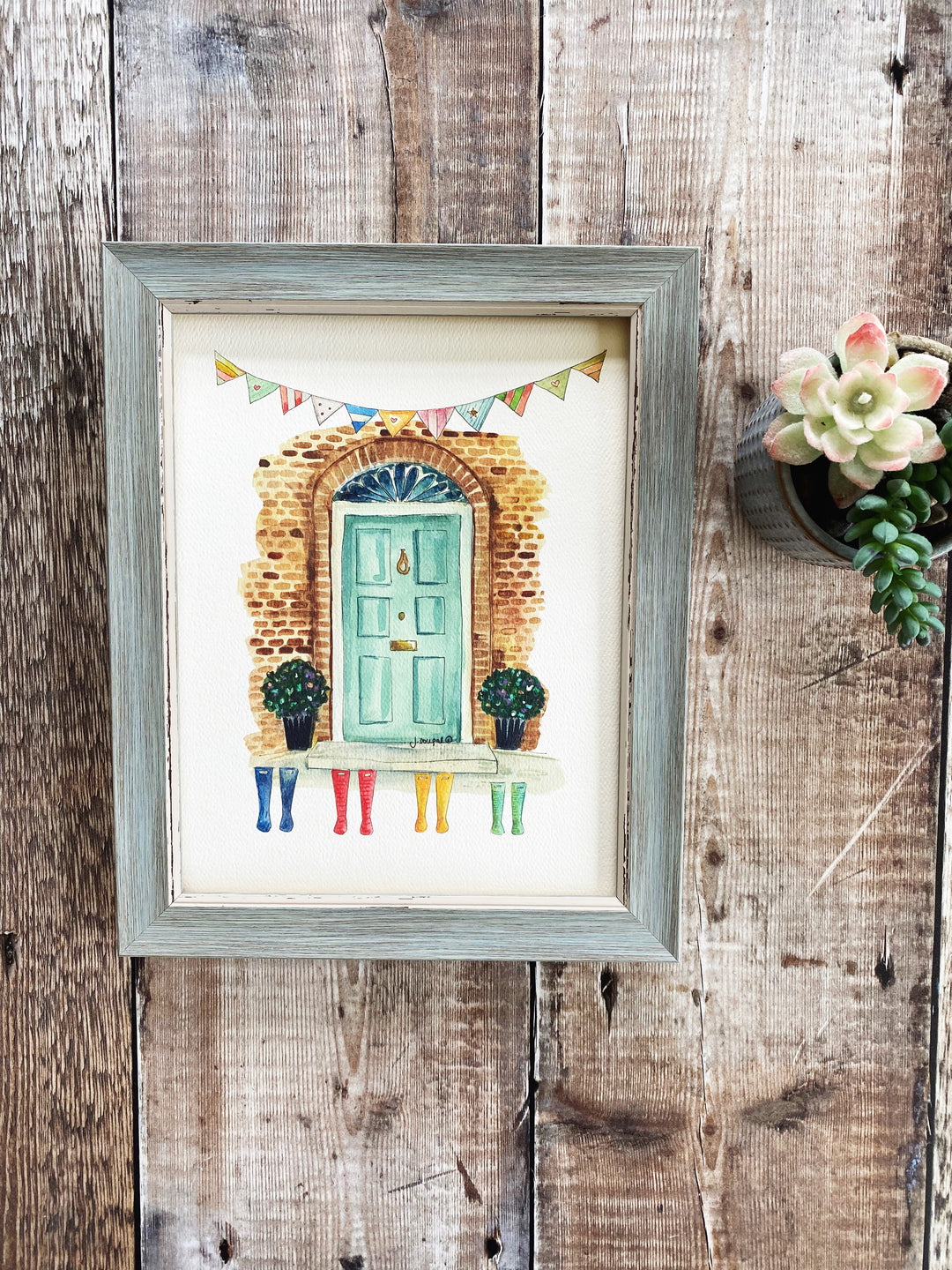 Turquoise Front Door with Wellies Personalised Print