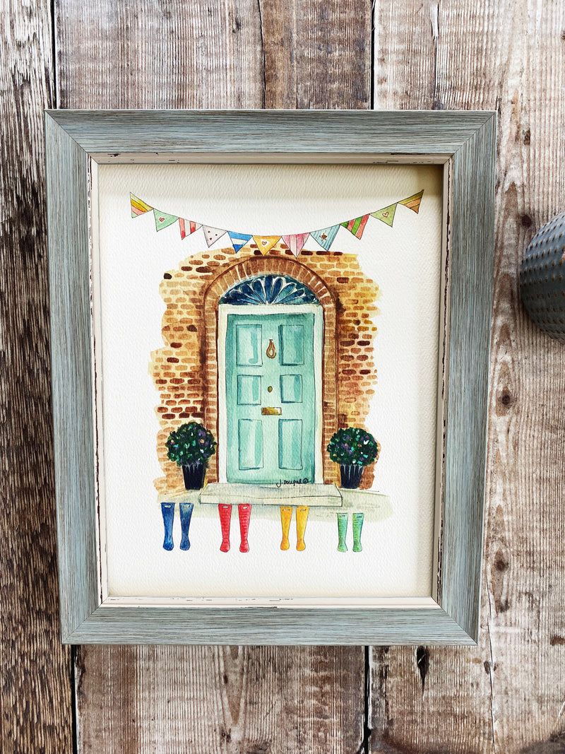 Turquoise Front Door with Wellies Personalised Print