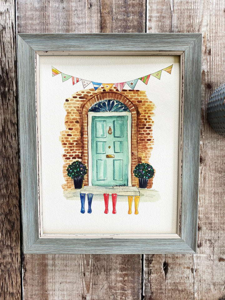 Turquoise Front Door with Wellies Personalised Print