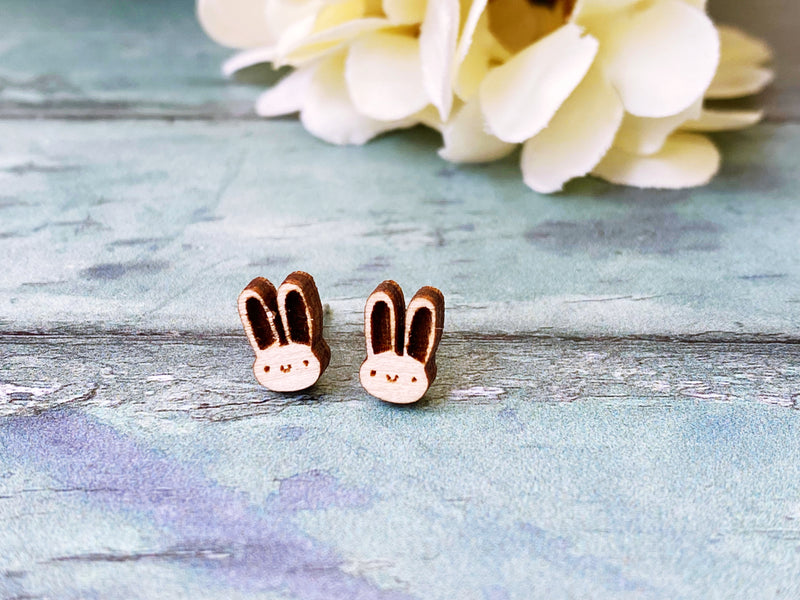 Tiny Wooden Bunny Earrings Hypoallergenic