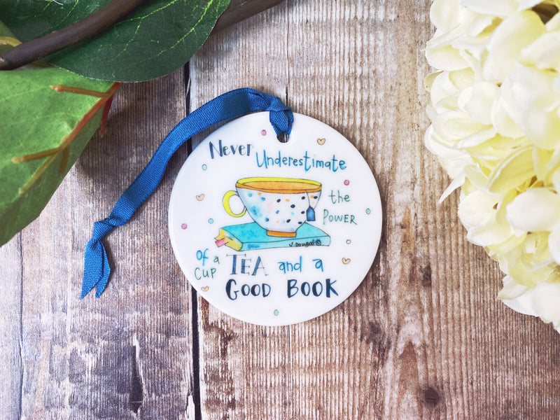 Cup of Tea and a Good Book Little Ceramic Hanging Circle