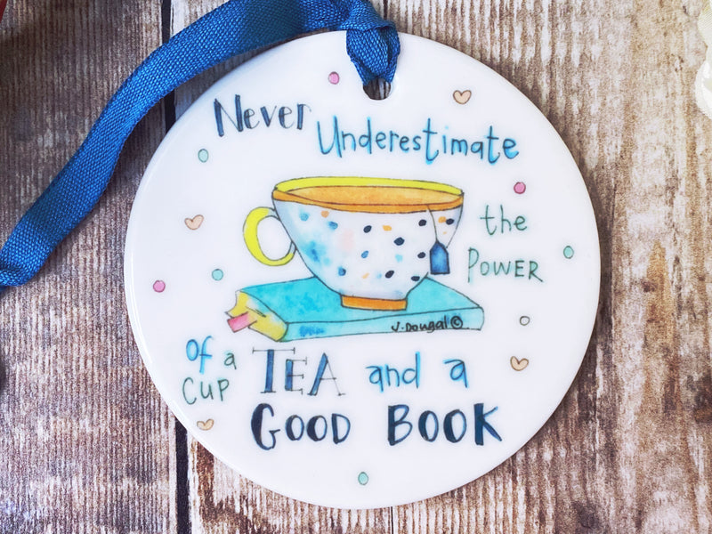 Cup of Tea and a Good Book Little Ceramic Hanging Circle